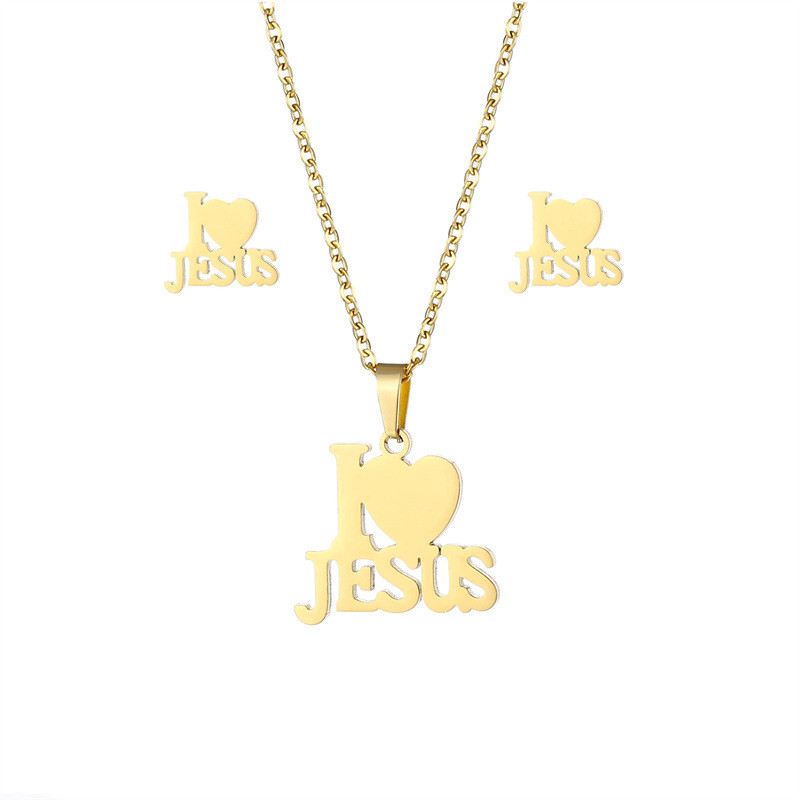 Trendy Letter I LOVE JESUS-Shape Pendant Necklace Earrings Sets Women's Stainless Jewelry Sets Religious Accessories Jewelry