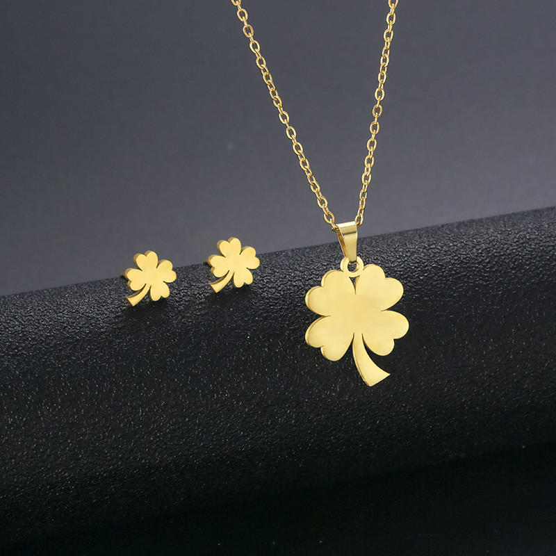 Jewelry Sets Clover Necklace Ear Stud Set Women Stainless Steel Choker Sweater Chain Four-leaf Pendant Necklaces 2023