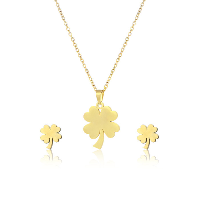 Jewelry Sets Clover Necklace Ear Stud Set Women Stainless Steel Choker Sweater Chain Four-leaf Pendant Necklaces 2023
