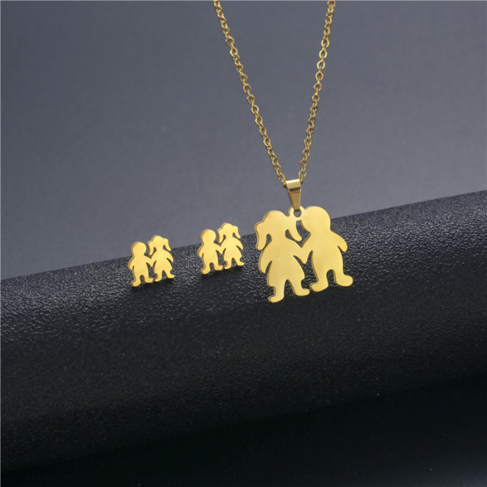 Lucky Boy Girls Pendant Necklace Plating Stainless Steel Gold Color Clavicle Chain Sets Necklace Earring Fashion Jewelry Set