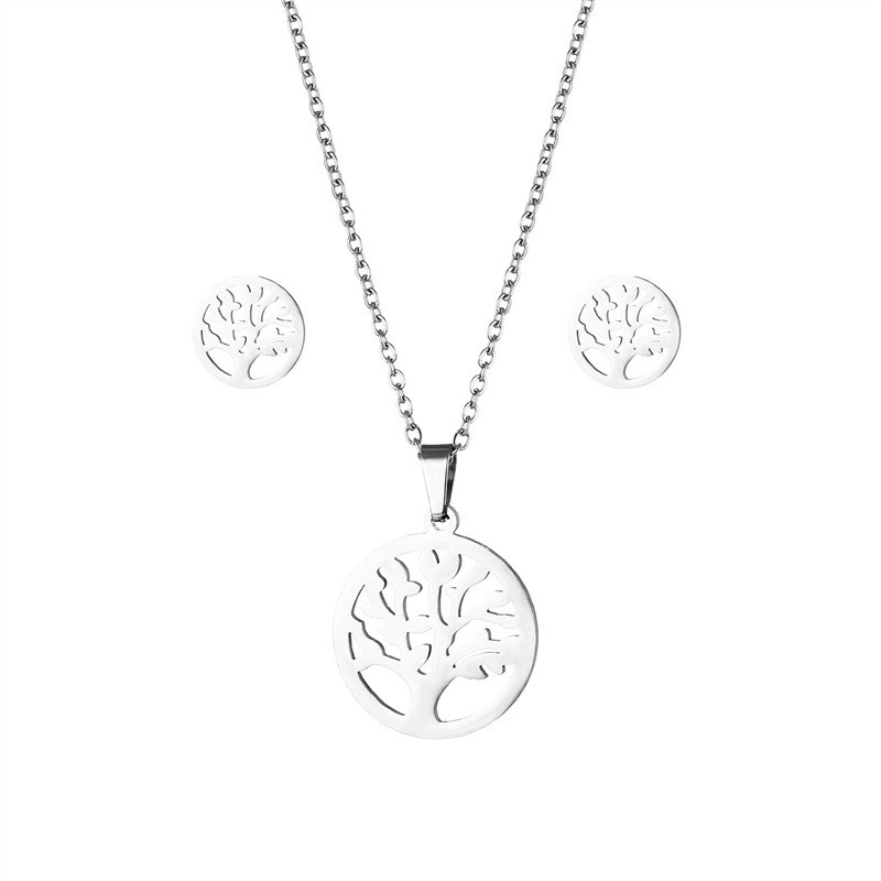 316L Tree of Life Stainless Steel Neck Chain Necklace Earring Set Lucky World Tree Choker Chain Jewelry Sets for Women Girl