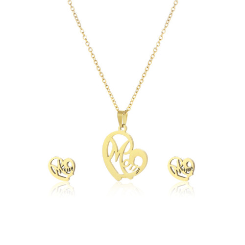 Stainless Gold Color Mom Letter Pendats Necklace Earrings Set Love Heart Mom Daughter Figure Jewelry Set Mother's Day