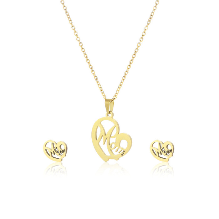 Stainless Gold Color Mom Letter Pendats Necklace Earrings Set Love Heart Mom Daughter Figure Jewelry Set Mother's Day