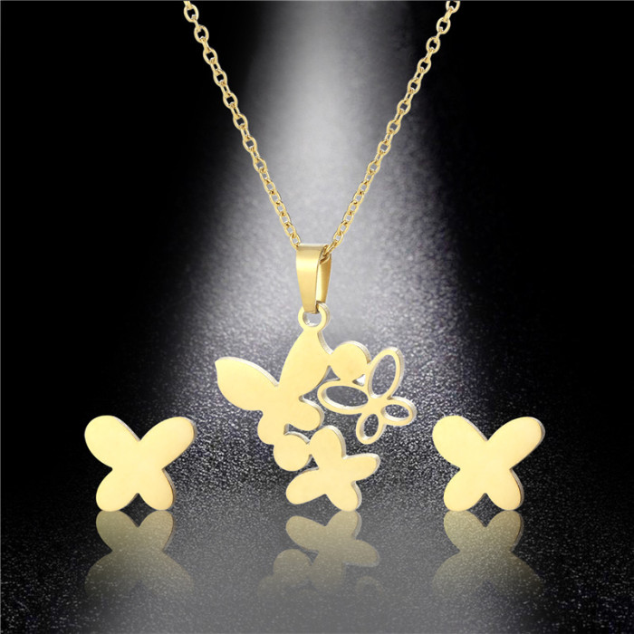 Charm Women's Fashion Stainless Steel Earrings Butterfly Pendant Necklace Chain Set For Party Jewelry Accessories