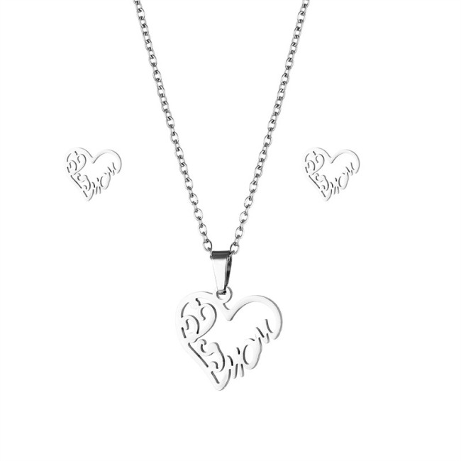 Geometric heart-shaped MOM letter pendant necklace set stainless steel necklace earring stud sets 2023
