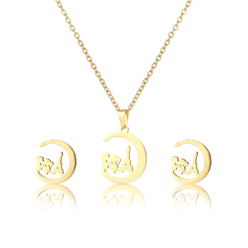 Fashion Gilded Chain Stainless Steel Jewelry Set Cute Boys and Girls Moon Pendant Necklace Earring Sets