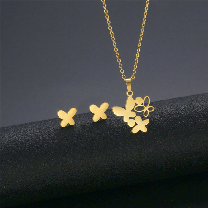 Charm Women's Fashion Stainless Steel Earrings Butterfly Pendant Necklace Chain Set For Party Jewelry Accessories