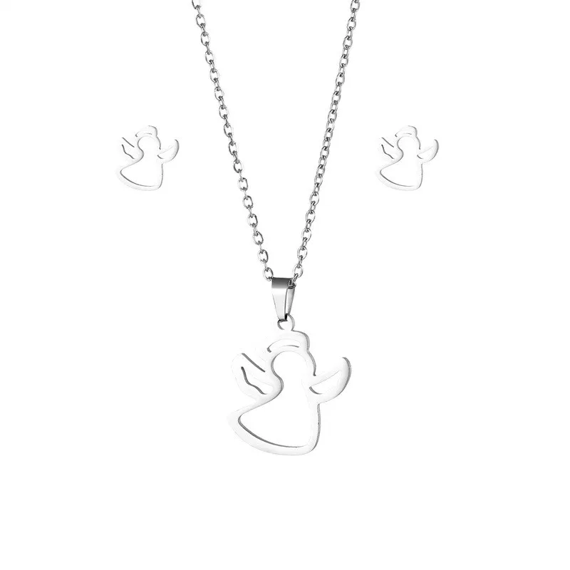 Wholesale stainless steel smooth laser cutting jewelry set angel pendant necklace studs earrings sets
