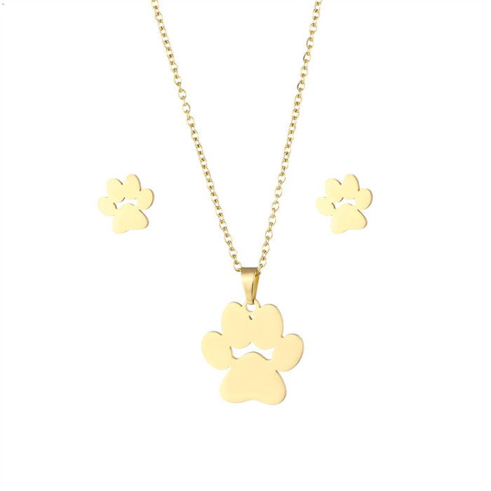 Simple Design Non Tarnish 18K Gold Silver Plated Stainless Steel Cute Dog Paw Pendant Earring Necklace Jewelry Set for Woman