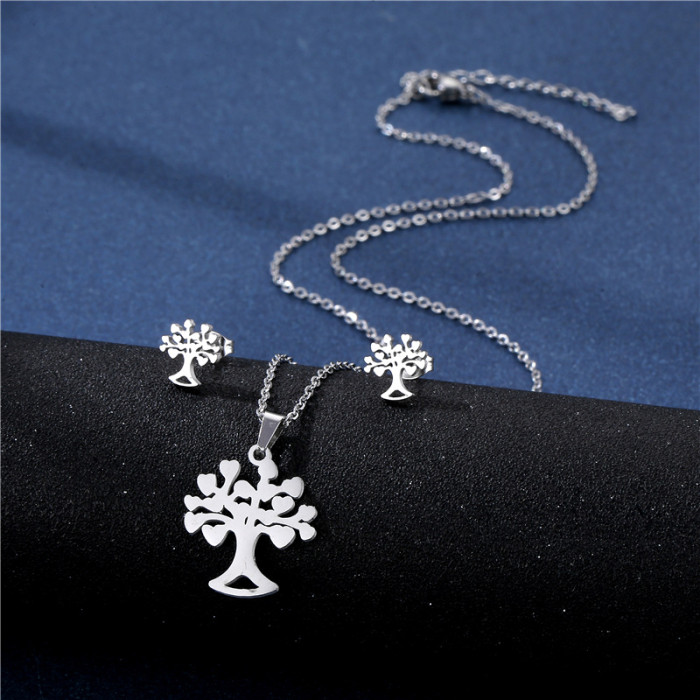 Elegant Tree Of Life Earrings Jewelry Sets For Women Party Fashion Simulated-Tree Pendant Necklace Studs Suit