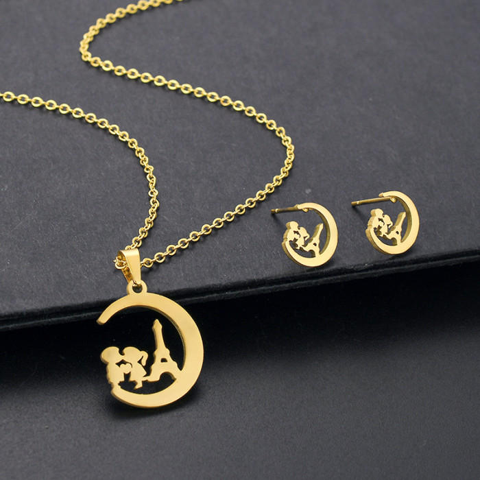 Fashion Gilded Chain Stainless Steel Jewelry Set Cute Boys and Girls Moon Pendant Necklace Earring Sets