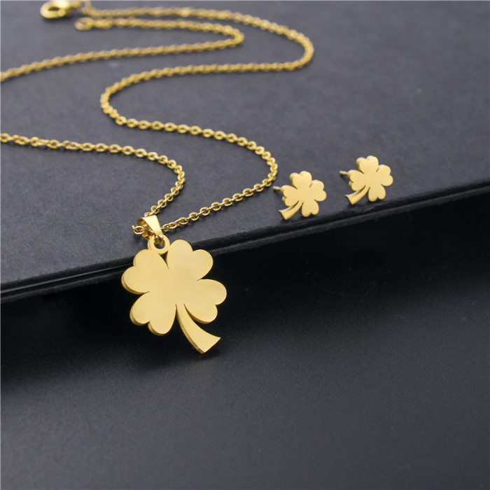 Jewelry Sets Clover Necklace Ear Stud Set Women Stainless Steel Choker Sweater Chain Four-leaf Pendant Necklaces 2023