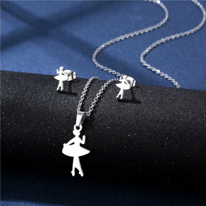 Wholesale chain jewelry sets stainless steel ballet girl necklace earring set accessories 2023