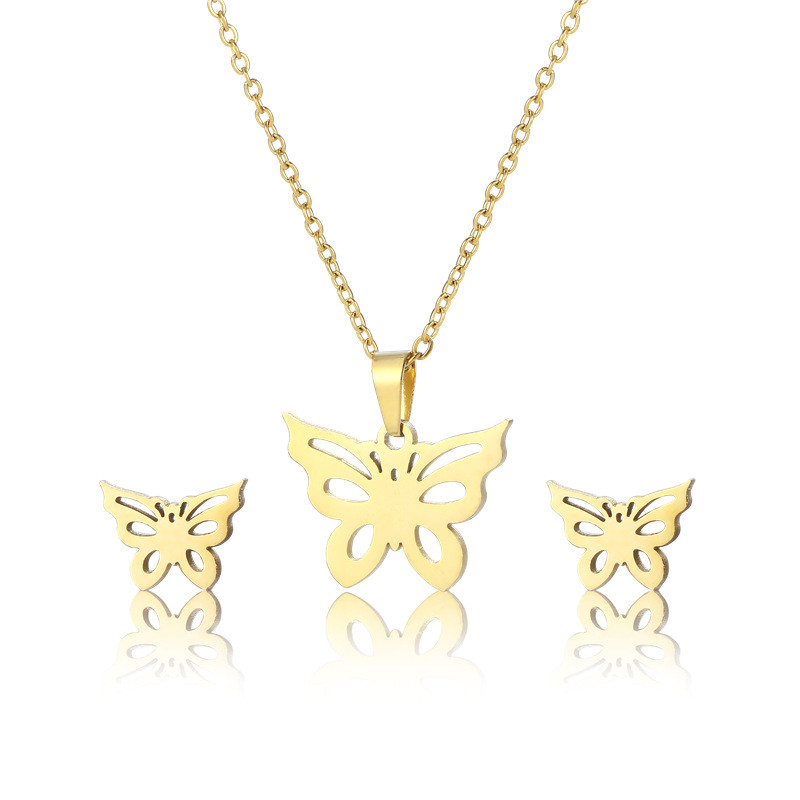 Fashion Butterfly Necklace Earring Set Butterfly Collar Chain Gold Plated Stainless Steel  Jewelry Set