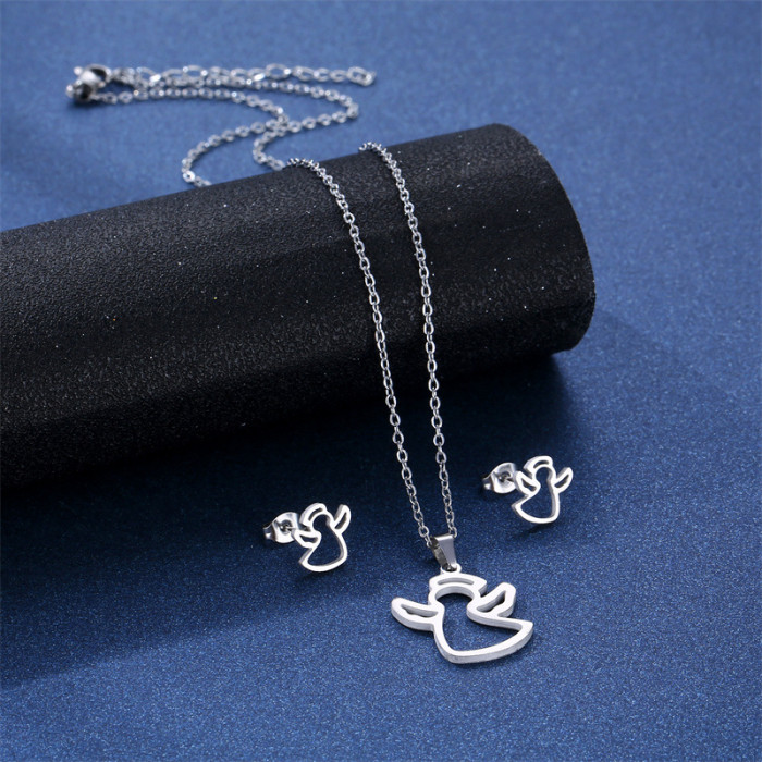 Wholesale stainless steel smooth laser cutting jewelry set angel pendant necklace studs earrings sets