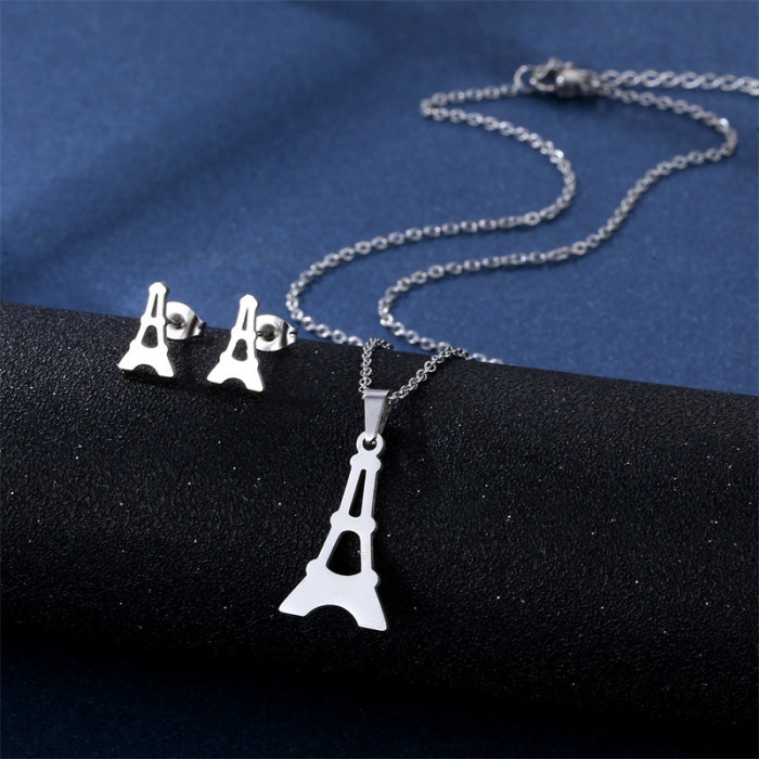 Cross-border women's stainless steel the Eiffel Tower in Paris necklace earring set collarbone chain Valentine's Day gift