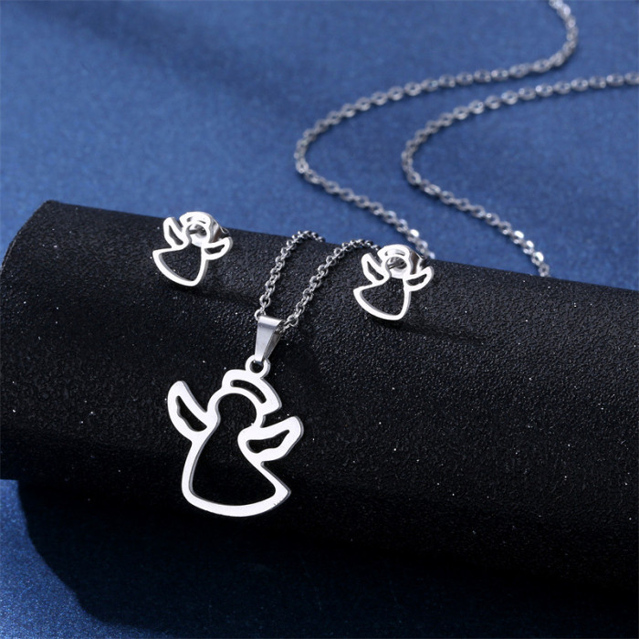 Wholesale stainless steel smooth laser cutting jewelry set angel pendant necklace studs earrings sets