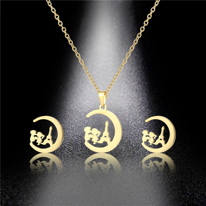 Fashion Gilded Chain Stainless Steel Jewelry Set Cute Boys and Girls Moon Pendant Necklace Earring Sets