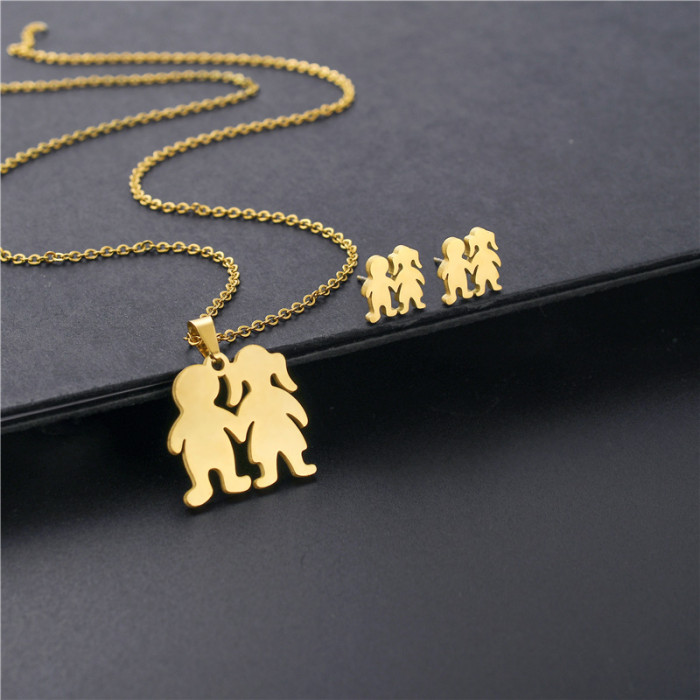Lucky Boy Girls Pendant Necklace Plating Stainless Steel Gold Color Clavicle Chain Sets Necklace Earring Fashion Jewelry Set