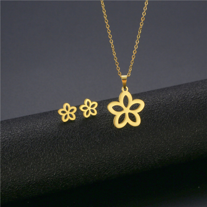 High Quality Women's Simple Stainless Steel Chain Plant Flower Pendant Necklace Earrings Jewelry Set