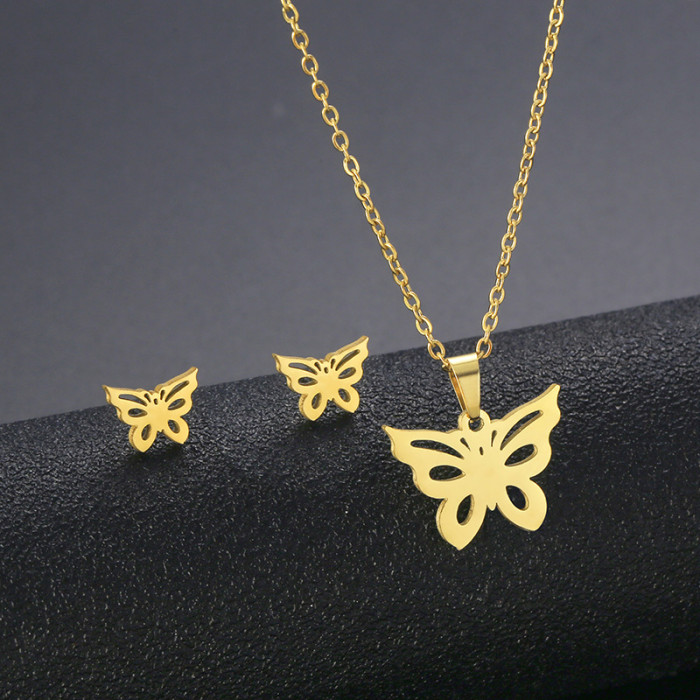 Fashion Butterfly Necklace Earring Set Butterfly Collar Chain Gold Plated Stainless Steel  Jewelry Set