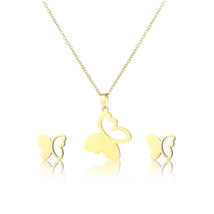 Hollowed Out Butterfly Pendants Necklaces Earrings Small Sets Stainless Gold Jewelry Sets Chain Sets