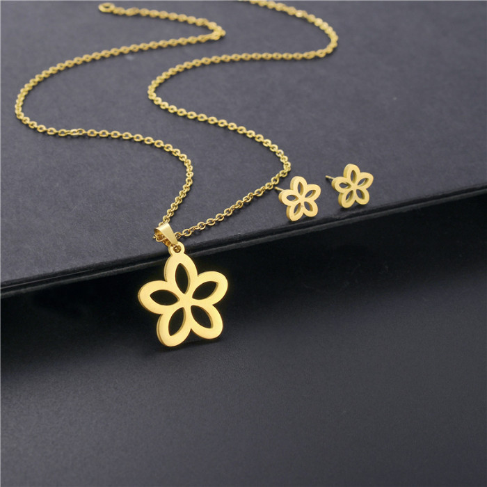 High Quality Women's Simple Stainless Steel Chain Plant Flower Pendant Necklace Earrings Jewelry Set