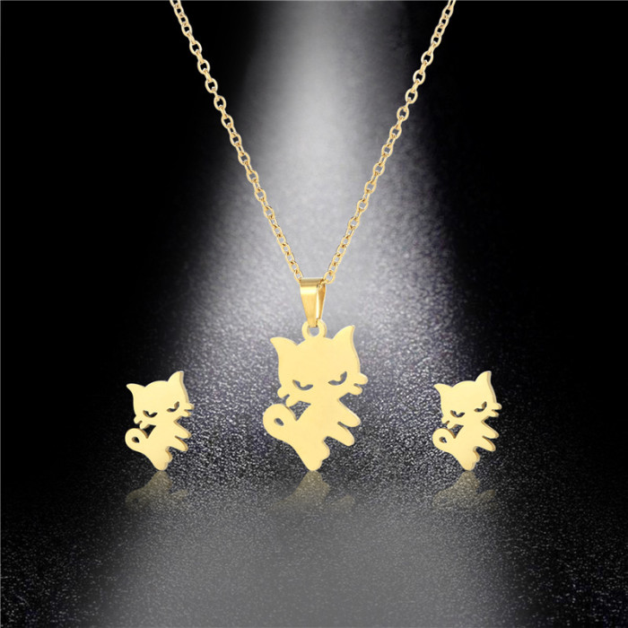 316L Stainless Steel Animal Cute Little Cat Pendant Necklace Earrings Jewelry Sets Clavickle Chain Choker Studs Earrings 2023