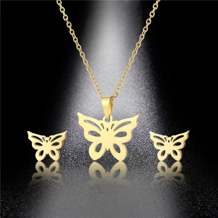 Fashion Butterfly Necklace Earring Set Butterfly Collar Chain Gold Plated Stainless Steel  Jewelry Set