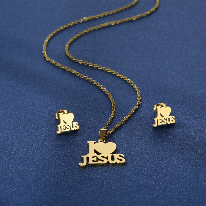 Trendy Letter I LOVE JESUS-Shape Pendant Necklace Earrings Sets Women's Stainless Jewelry Sets Religious Accessories Jewelry