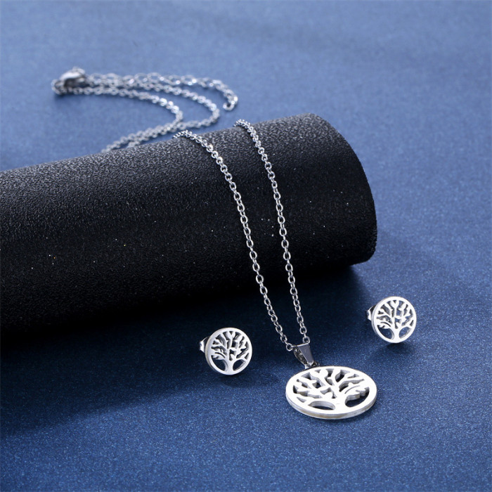 316L Tree of Life Stainless Steel Neck Chain Necklace Earring Set Lucky World Tree Choker Chain Jewelry Sets for Women Girl