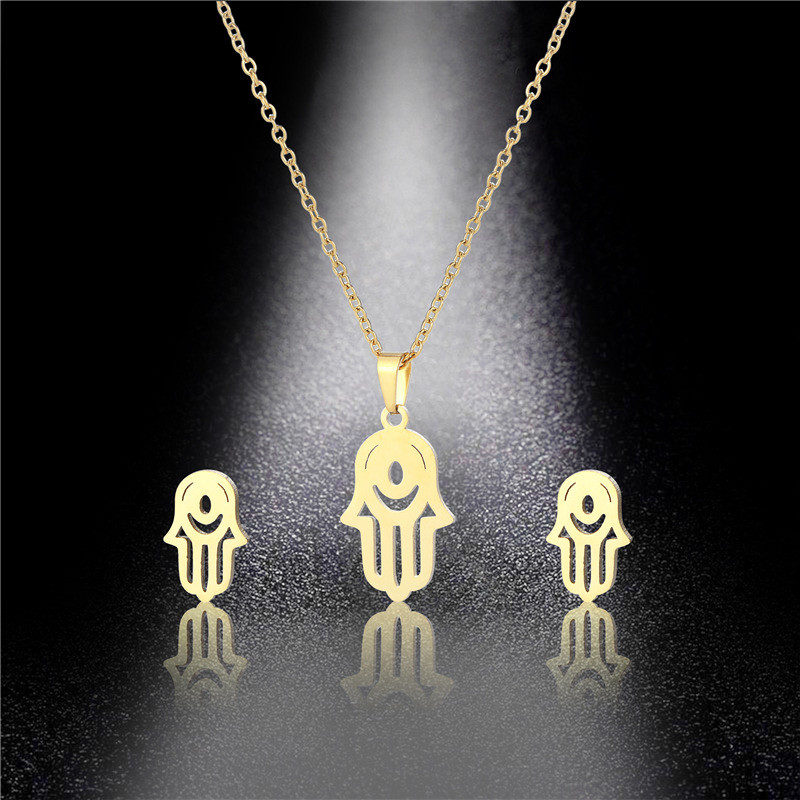 Lucky Turkish Islamic Stainless Steel Gold Color Hand Hamsa Pendant Necklace Vintage Hand of Fatima Jewelry Set for Men Women