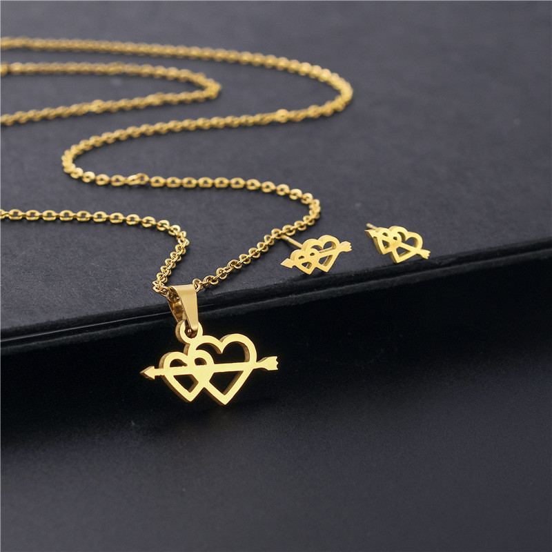 Stainless Steel Gold Love Necklace Earrings Set Love Heart Figure Jewelry Set Gift