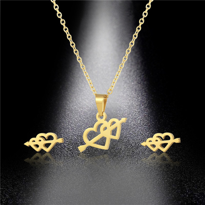 Stainless Steel Gold Love Necklace Earrings Set Love Heart Figure Jewelry Set Gift