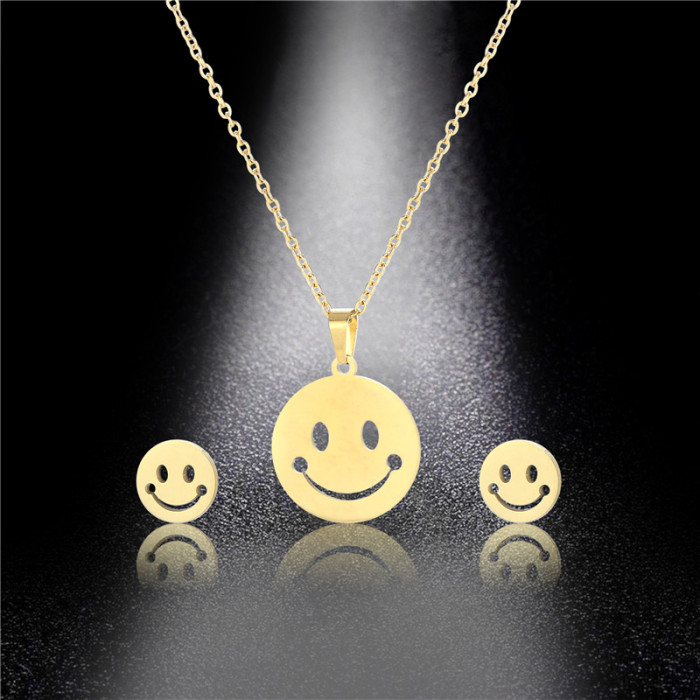 Stainless Steel Necklace Earring for Women Gift Smiling Face Necklace Choker Smiley Charm Jewelry Non Tarnish