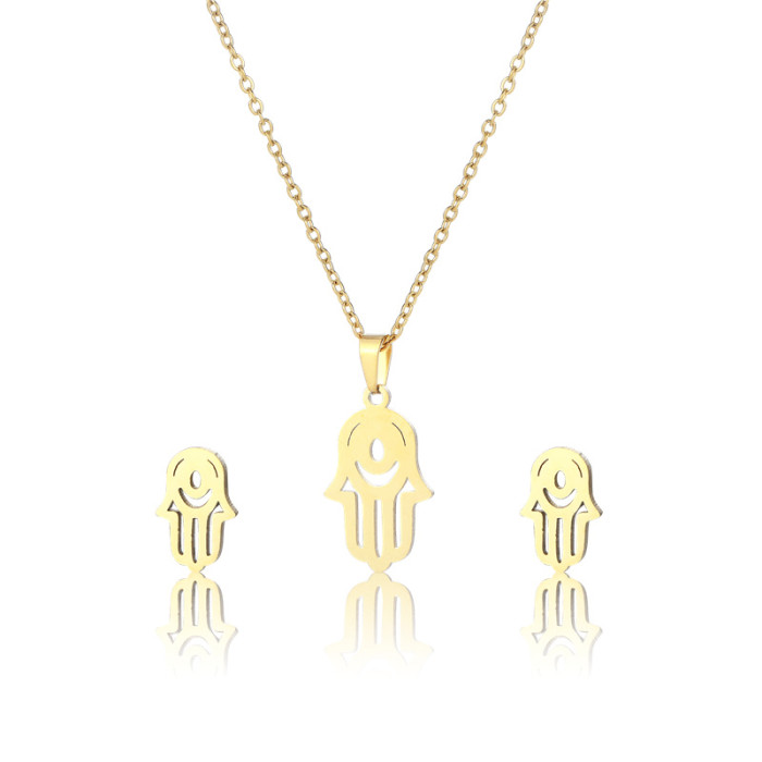 Lucky Turkish Islamic Stainless Steel Gold Color Hand Hamsa Pendant Necklace Vintage Hand of Fatima Jewelry Set for Men Women