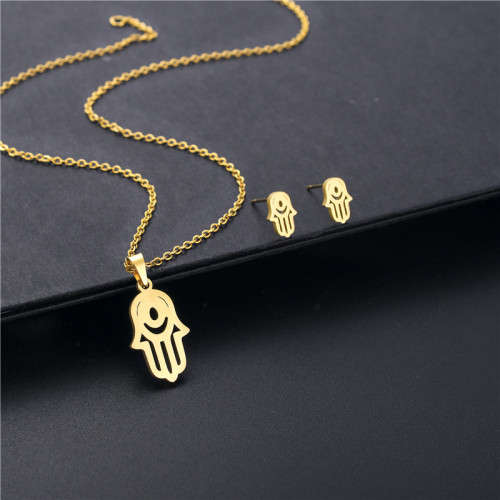 Lucky Turkish Islamic Stainless Steel Gold Color Hand Hamsa Pendant Necklace Vintage Hand of Fatima Jewelry Set for Men Women