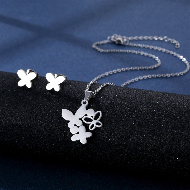 Charm Women's Fashion Stainless Steel Earrings Butterfly Pendant Necklace Chain Set for Party Jewelry Accessories