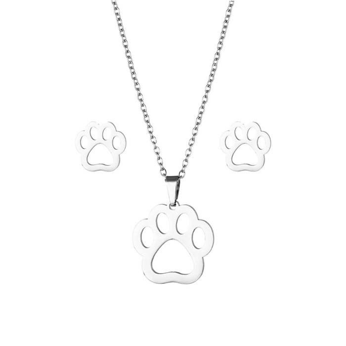Stainless Steel Paw Necklace Earring for Women Simple Hollow Dog Paw Jewelry Sets Cute Cat Pendant Nekclaces 2023 Birthday Gift