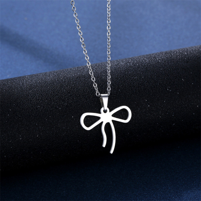 2023 Design Sweet Bow Charm Pendant Necklace Earring for Women Gift High Quality Stainless Steel Jewelry Set Party