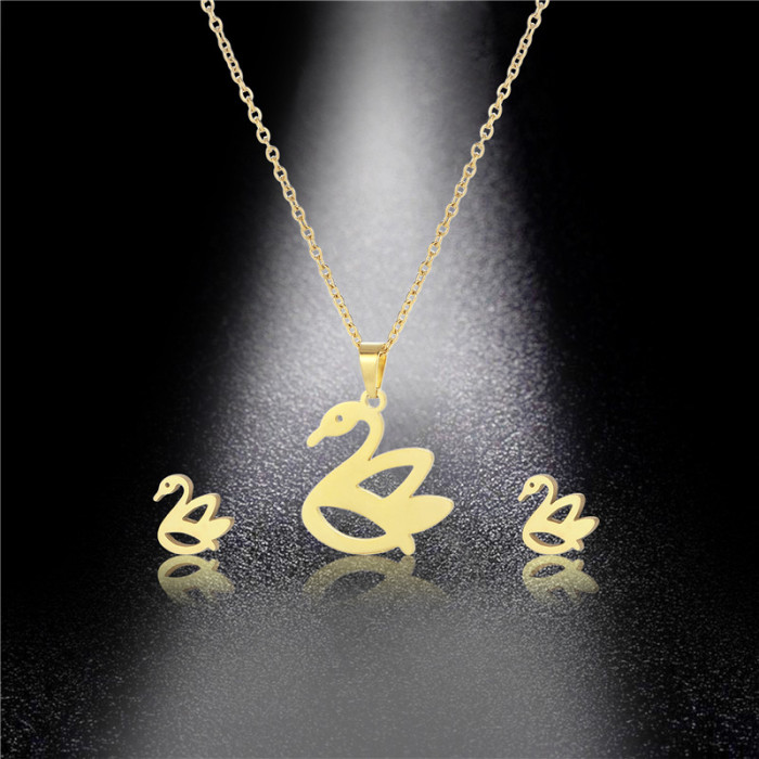 Swan Sweater Chain Necklace and Hollow Swan Earrings Stainless Steel Jewelry Set Girl