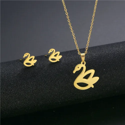Swan Sweater Chain Necklace and Hollow Swan Earrings Stainless Steel Jewelry Set Girl