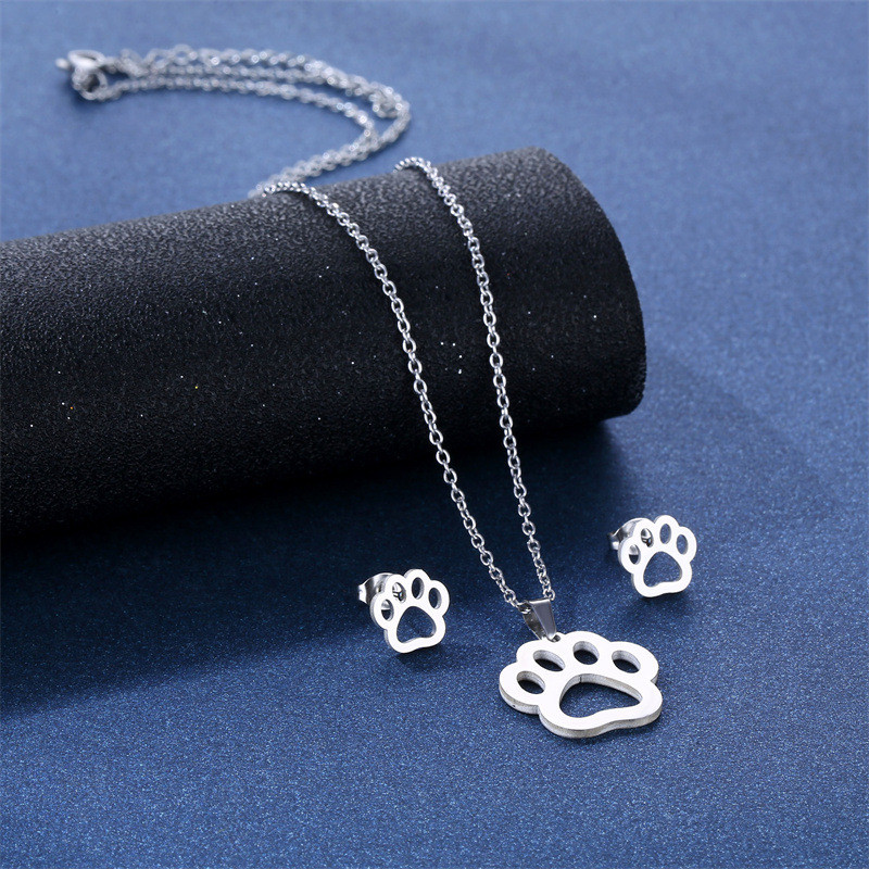 Stainless Steel Paw Necklace Earring for Women Simple Hollow Dog Paw Jewelry Sets Cute Cat Pendant Nekclaces 2023 Birthday Gift