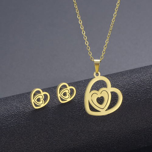 Luxury Women Stainless Steel Heart Necklace Pendant Earrings Sets Jewelry Wedding Heart