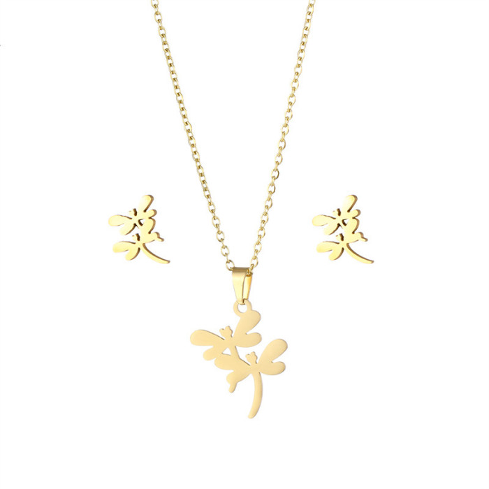 Cute Animal Dragonfly Stud Earrings Necklace For Women And Girls Necklace Earrings Fashion Golden Stainless Steel Jewelry Set