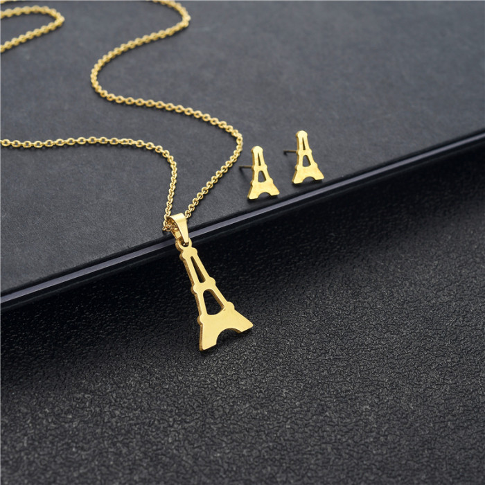 Fashion Earrings Necklace Set French Romantic Eiffel Tower Necklace Golden Stainless Steel Jewelry Set