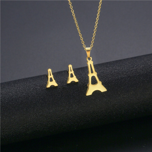 Fashion Earrings Necklace Set French Romantic Eiffel Tower Necklace Golden Stainless Steel Jewelry Set