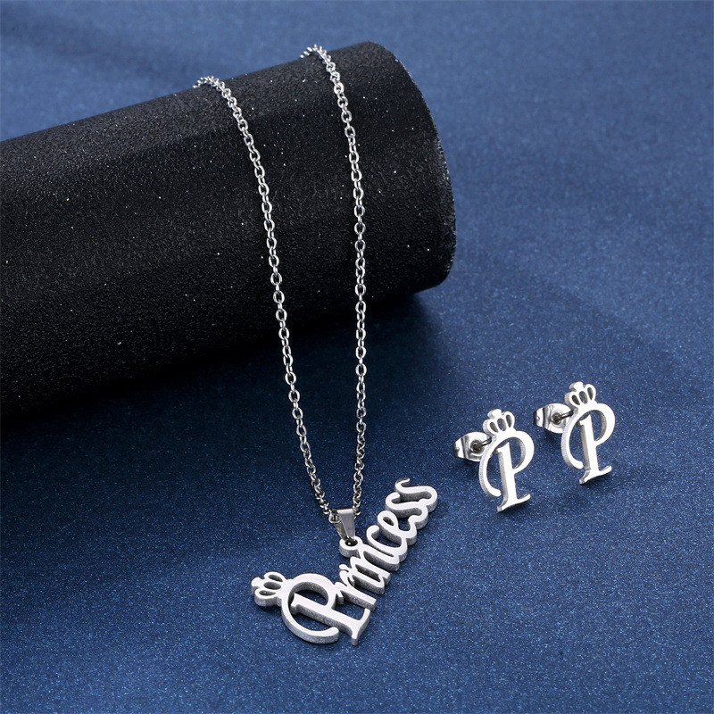 Stainless Steel Lovers Simple Necklace Female Letters Princess Pendant Collarbone Chain Earrings Set