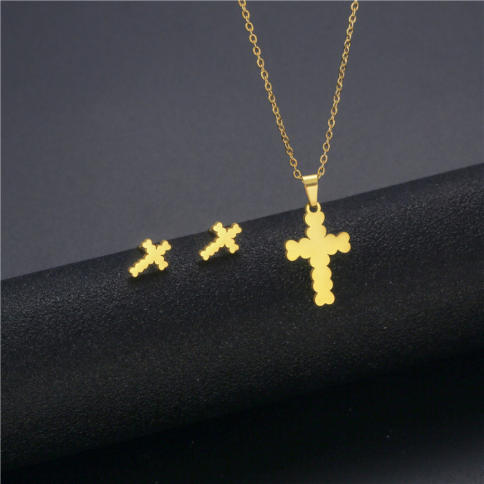 Sweet Love Flower Cat Cross Pendant Stainless Steel Necklace Earring Set for Women Fashion Jewelry Accessories Party Gifts