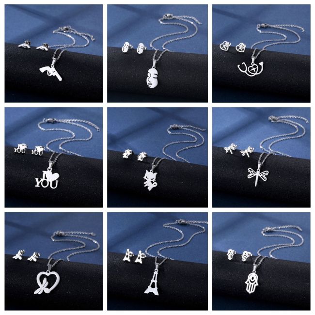 Classic Stainless Steel Pendant Necklace Earrings Sets Chain Jewelry Love Heart Butterfly Flower Party Birthday Gifts